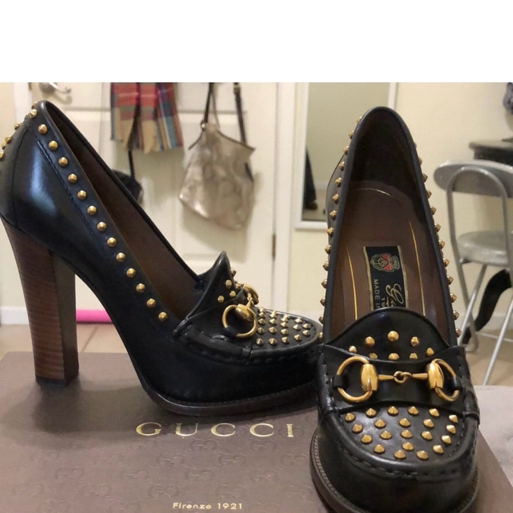 Gucci Black and Gold High Heels with Studded Embellishments